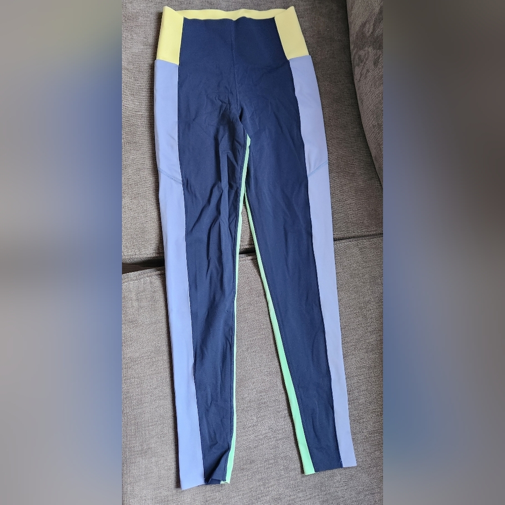 Sweaty Betty Colorblock Leggings with Purple, Yellow, and Blue